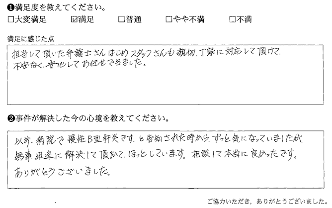 無事、迅速に解決して頂いて、ほっとしています