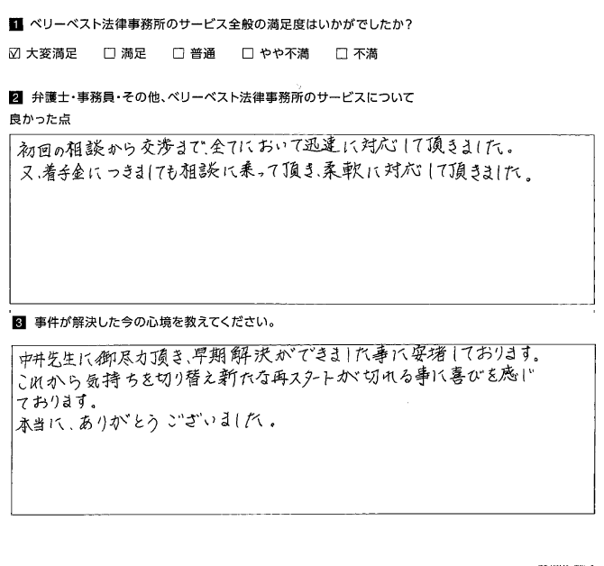 全てにおいて迅速に対応して頂きました